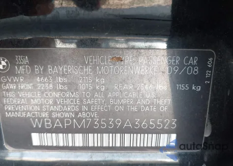 2009 BMW 335 из США, поврежденный, VIN WBAPM73539A365523